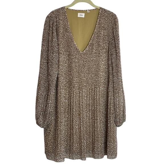 Wilfred Womens Daydreamer V-Neck Mini Dress Large Brown White Pleated Chiffon - Picture 1 of 7